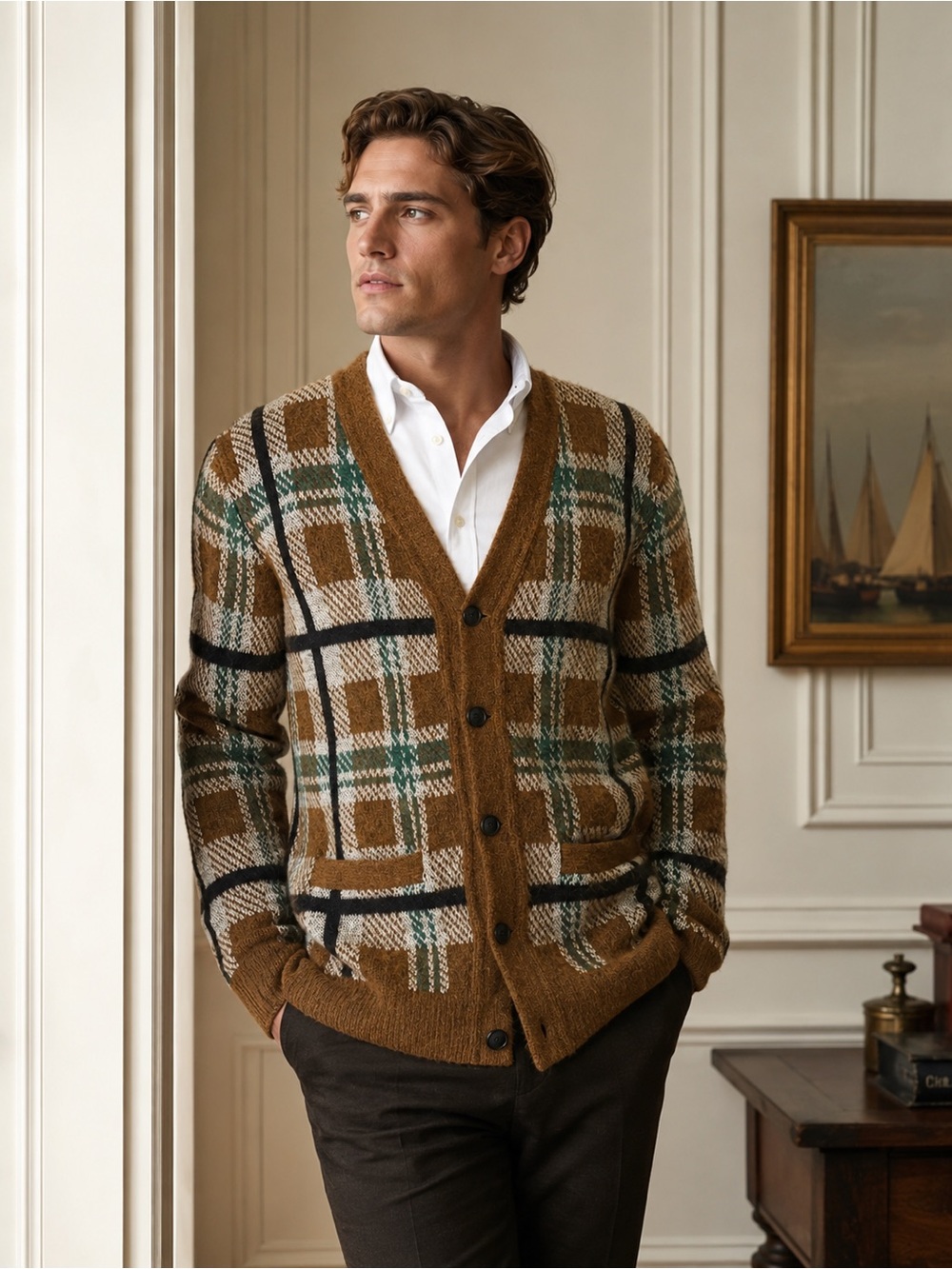 Todd Snyder Plaid Cardigan Sweater L Baby Alpaca Merino Wool Brown Green